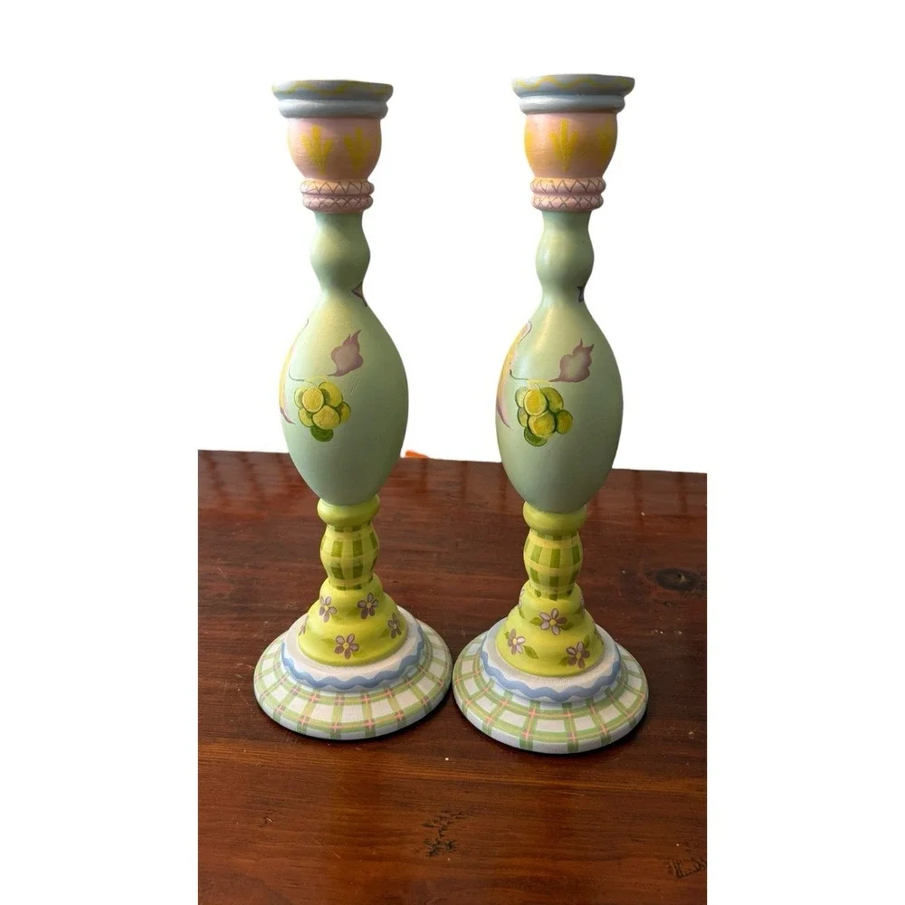 Vtg Tracy Porter Wood Candle Sticks Hand Painted 2/87 Pair Floral Signed 15